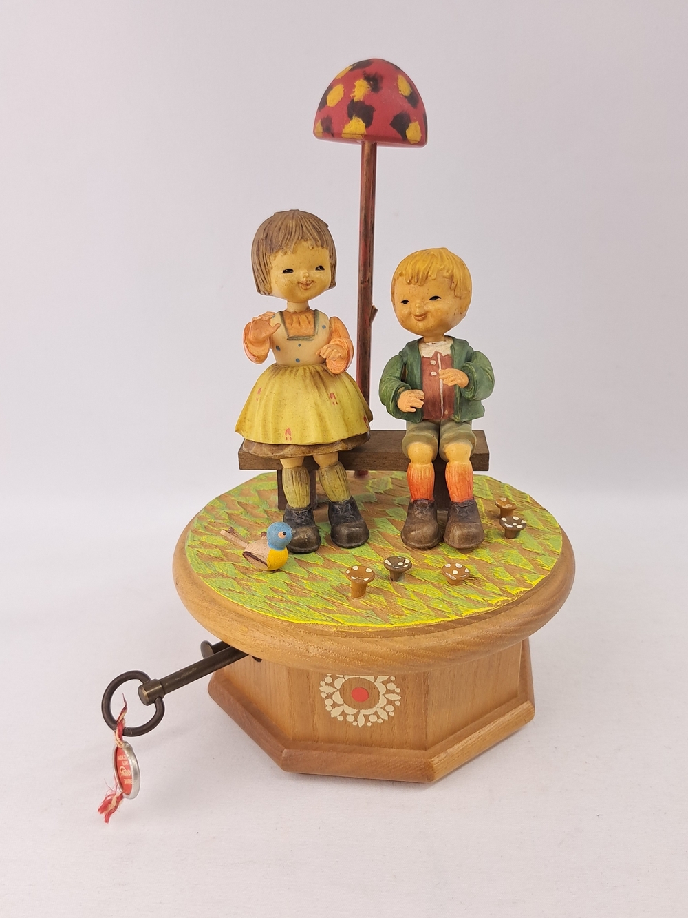 Vintage Thorens Swiss Wood Music Box Boy Girl Under Mushroom Moving Figurines